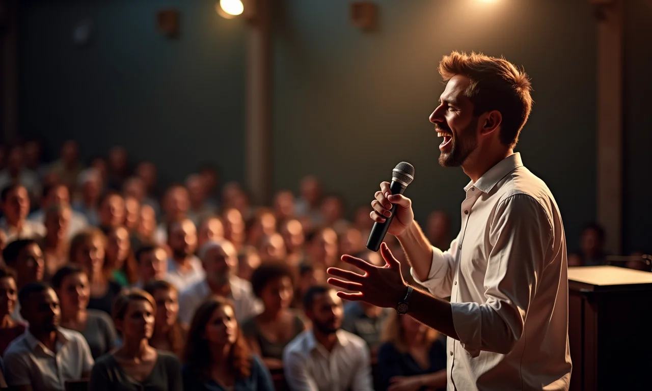 Pregador entusiasmado gesticulando e cativando a audiência.