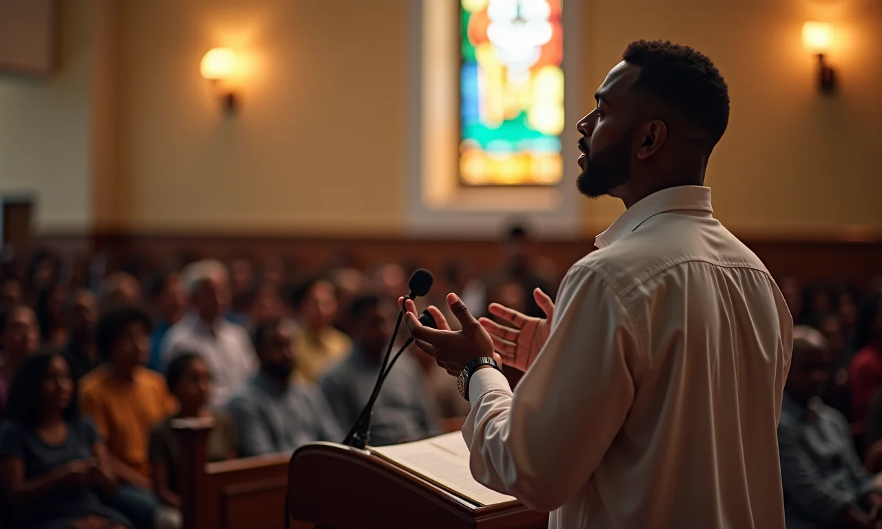 Pregador falando de forma clara e acessível para a congregação.