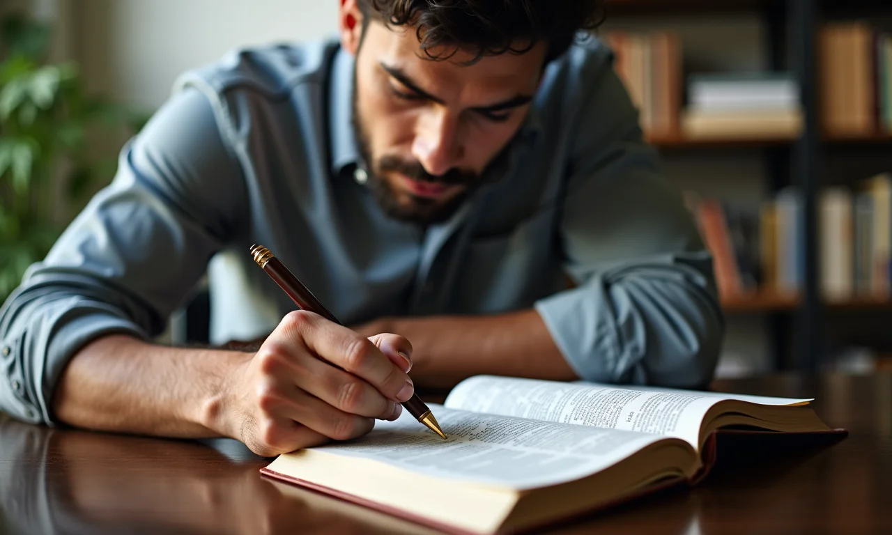 Pregador preparando as notas do sermão com a Bíblia aberta.