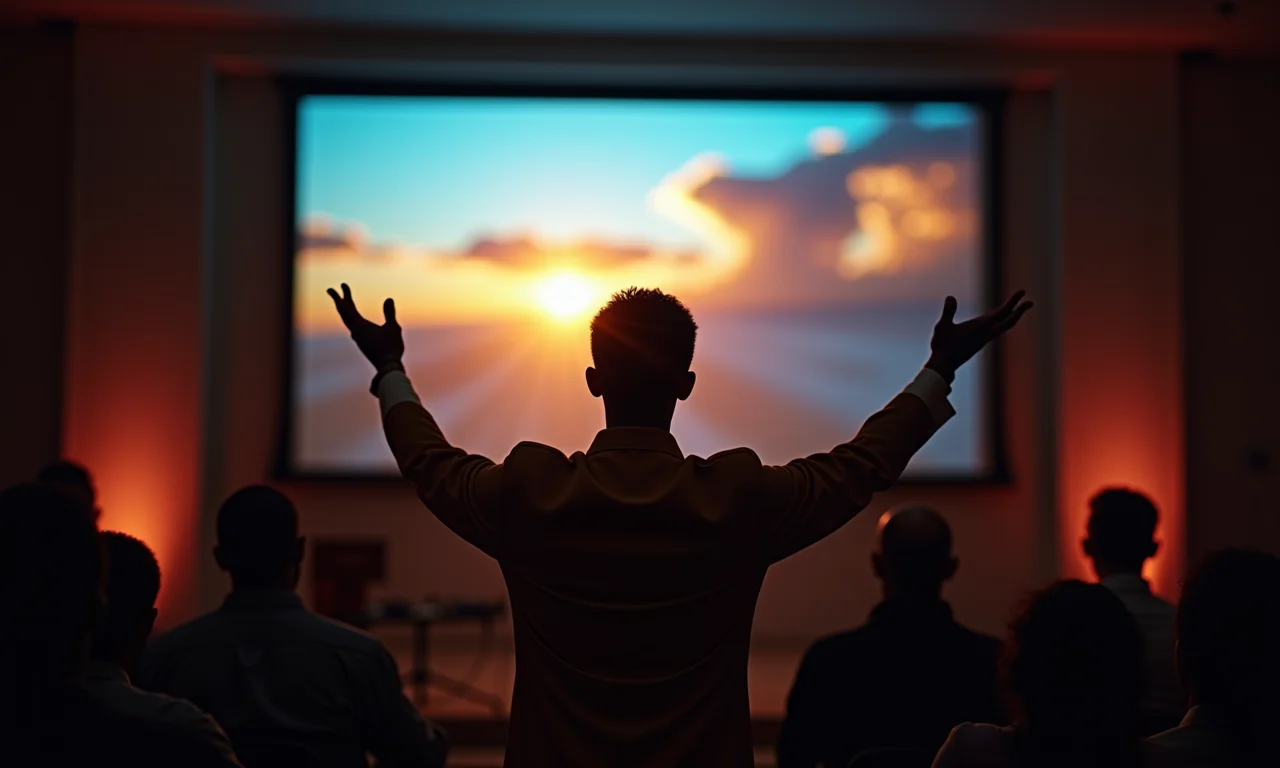 Pregador usando recursos visuais e musicais durante o sermão.