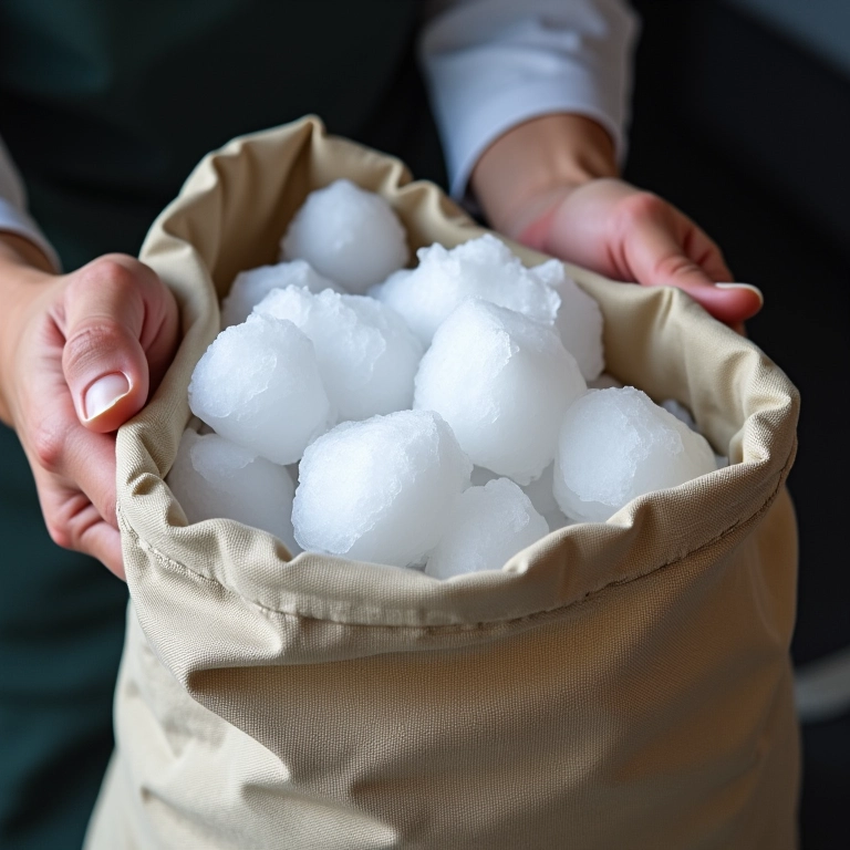 Preparando o saco de tecido resistente para conter o gelo seco.