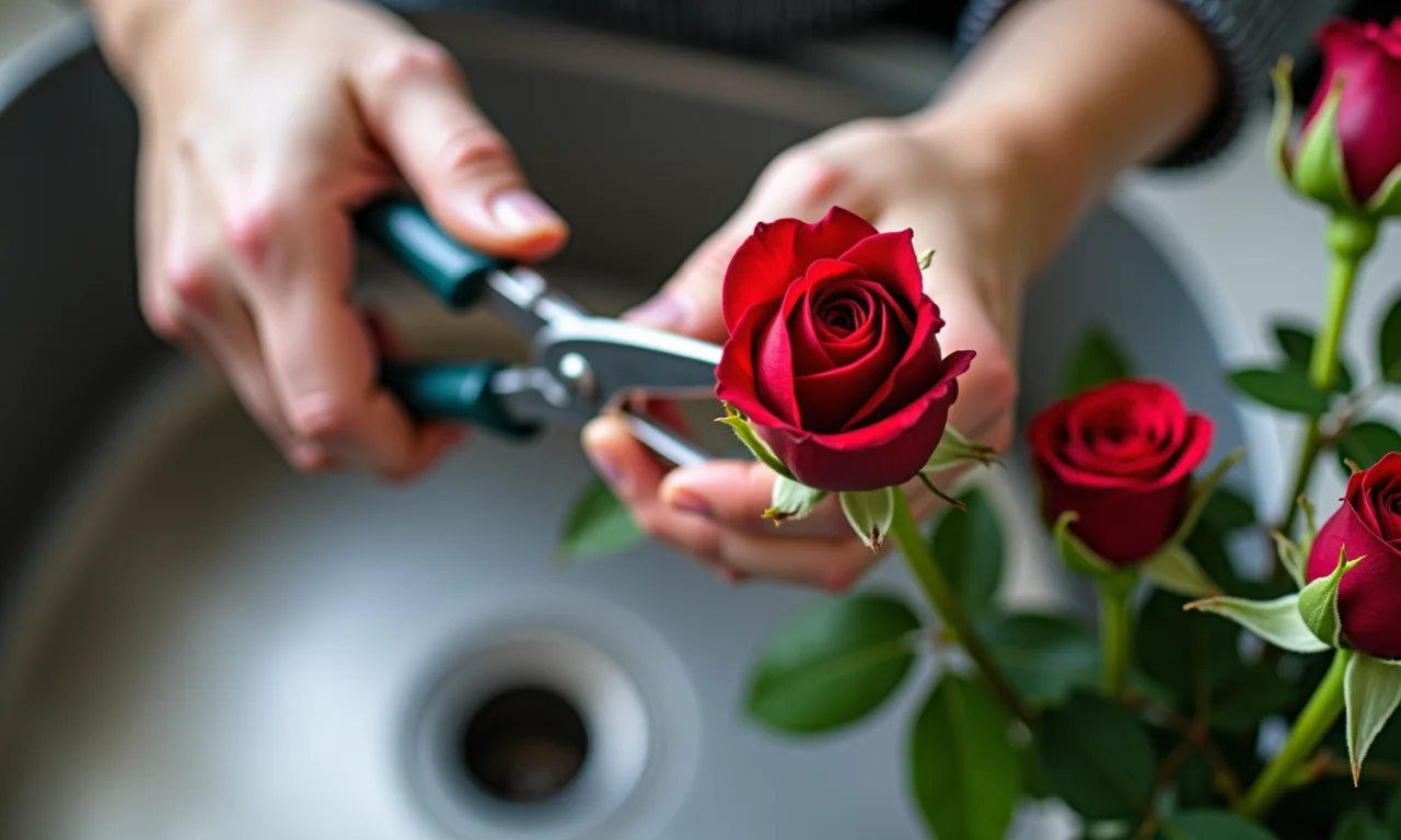 Preparando rosas para o arranjo.