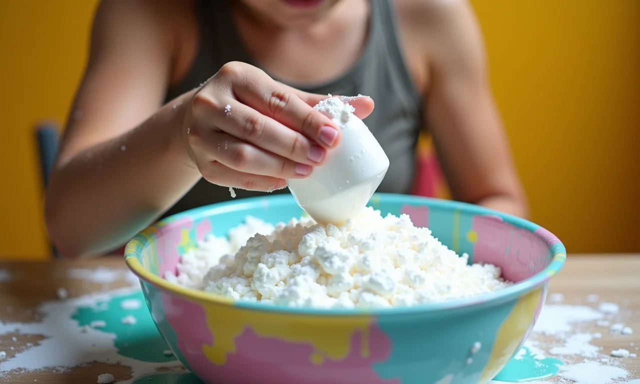 Preparando tinta lavável com cola branca e amido de milho.