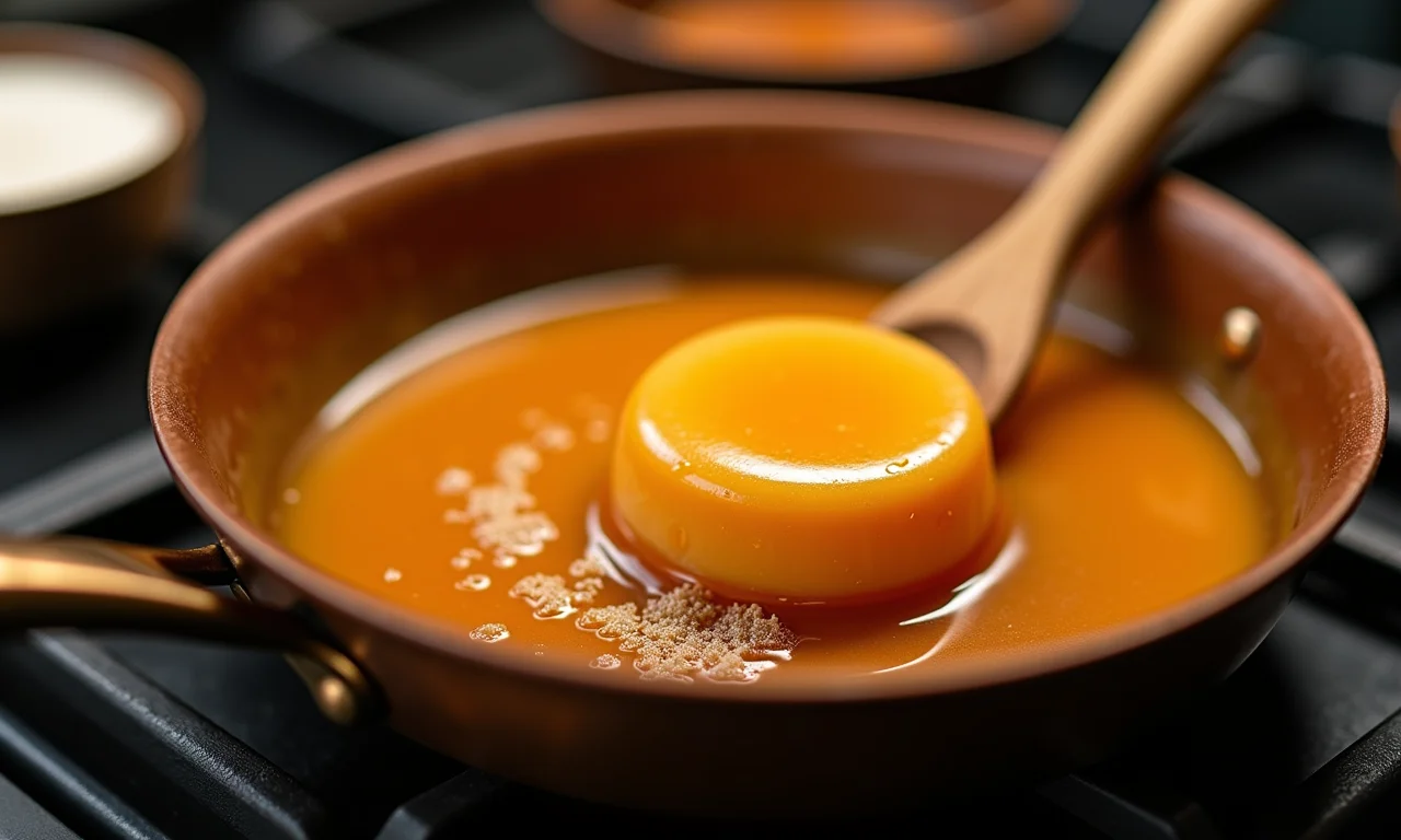Preparo da calda perfeita para pudim pequeno em panela de cobre.