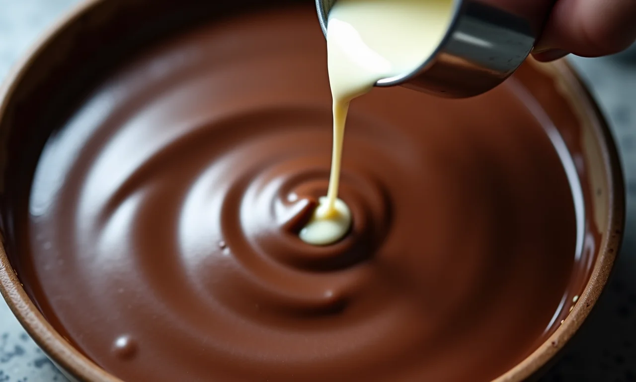 Preparo da ganache de chocolate, outro recheio da Torta Ópera, com chocolate amargo e creme de leite.