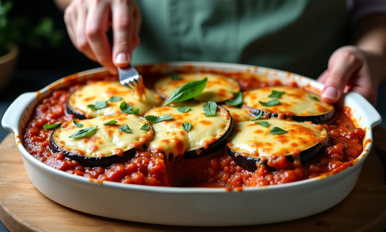 Preparo da moussaka clássica: montagem das camadas de berinjela, carne e molho.