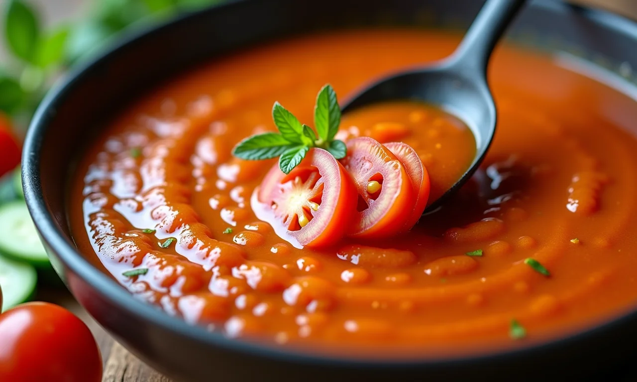 Preparo de gaspacho com ingredientes frescos.