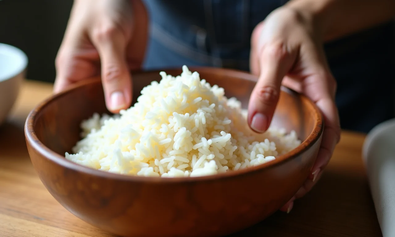 Preparo do arroz para sushi em tigela de madeira.