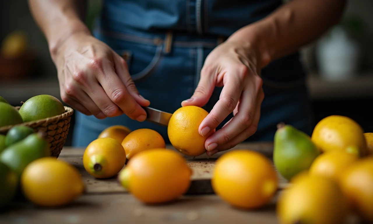 Preparo do cambuci: mãos selecionando a fruta para uso em receitas.