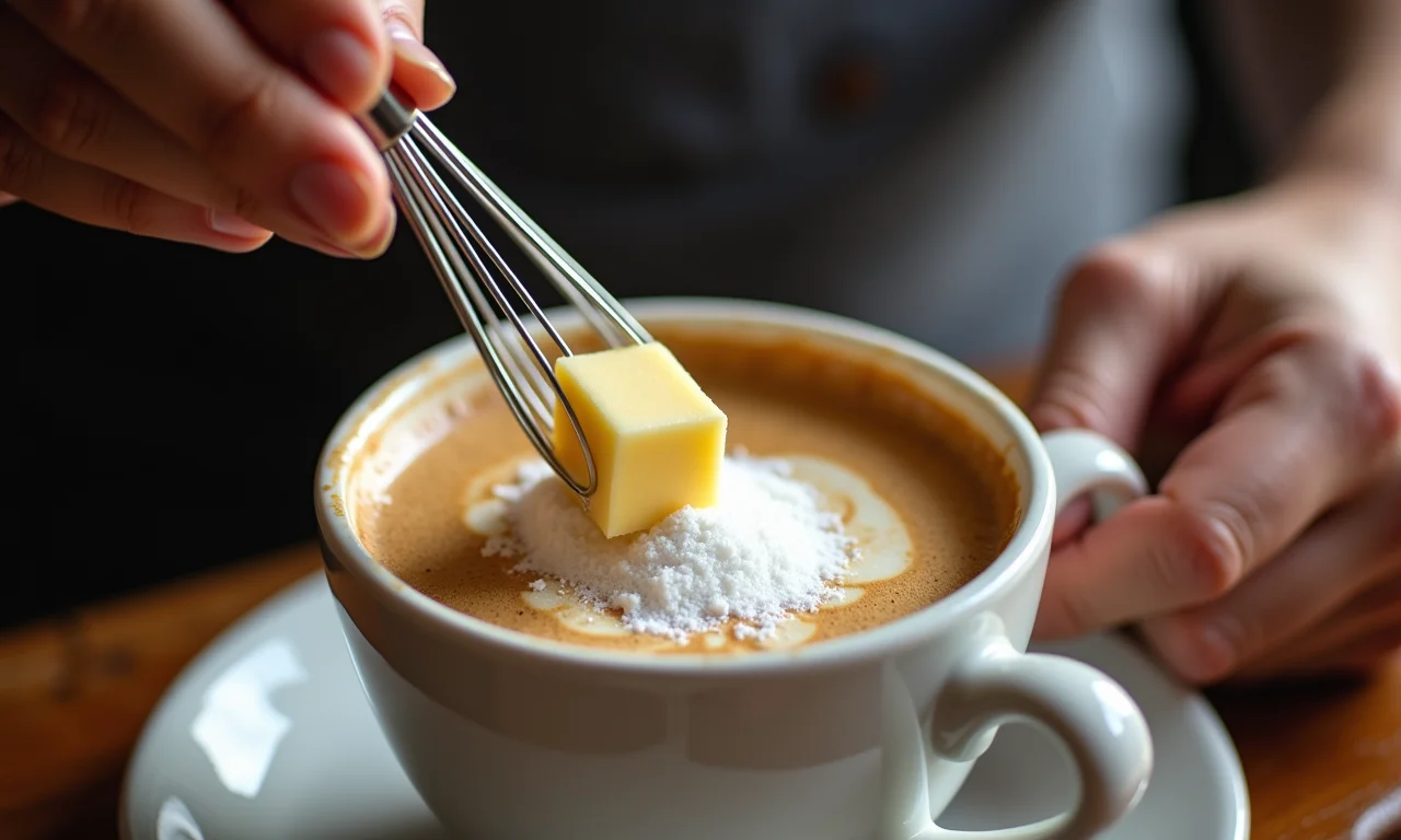 Preparo do creme de café, um dos recheios da Torta Ópera, com manteiga, açúcar e extrato de café.