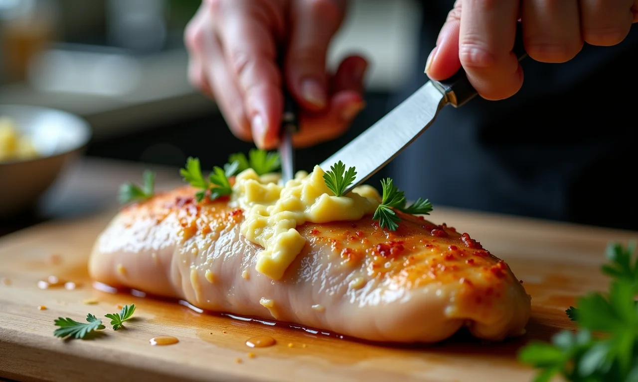 Preparo do frango à kiev: peito de frango suculento sendo recheado.