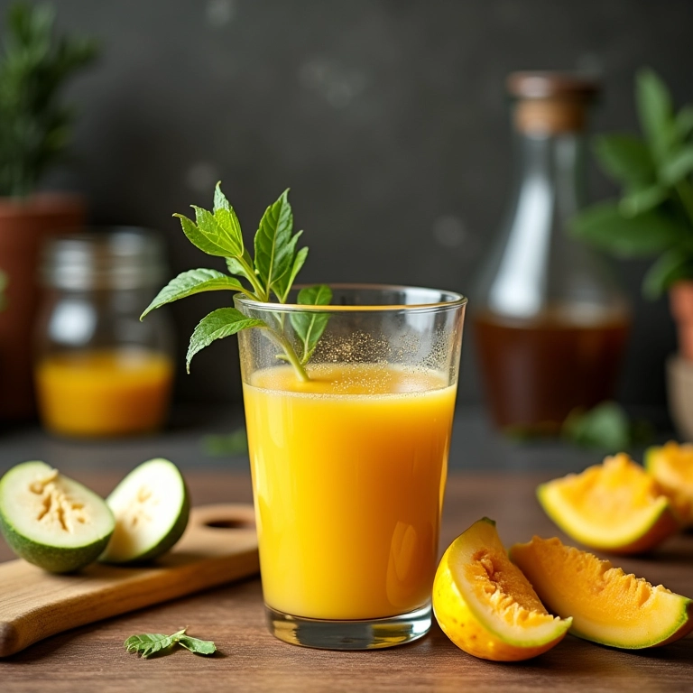 Preparo do suco de cajarana: frutas fatiadas, liquidificador e suco pronto.