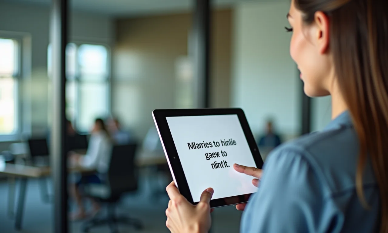 Profissional apresenta mensagem concisa em tablet.