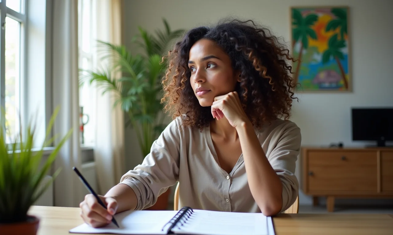 Profissional refletindo sobre o objetivo de carreira para o currículo.