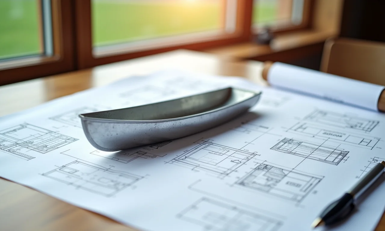 Projeto de barco de chapa galvanizada em mesa de madeira com plantas arquitetônicas.