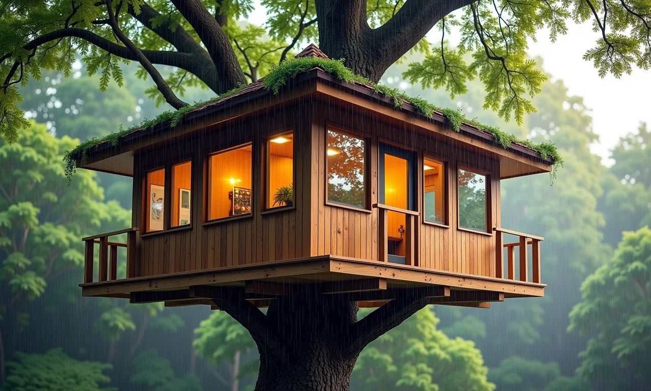 Protegendo a casinha da árvore da chuva e do sol.