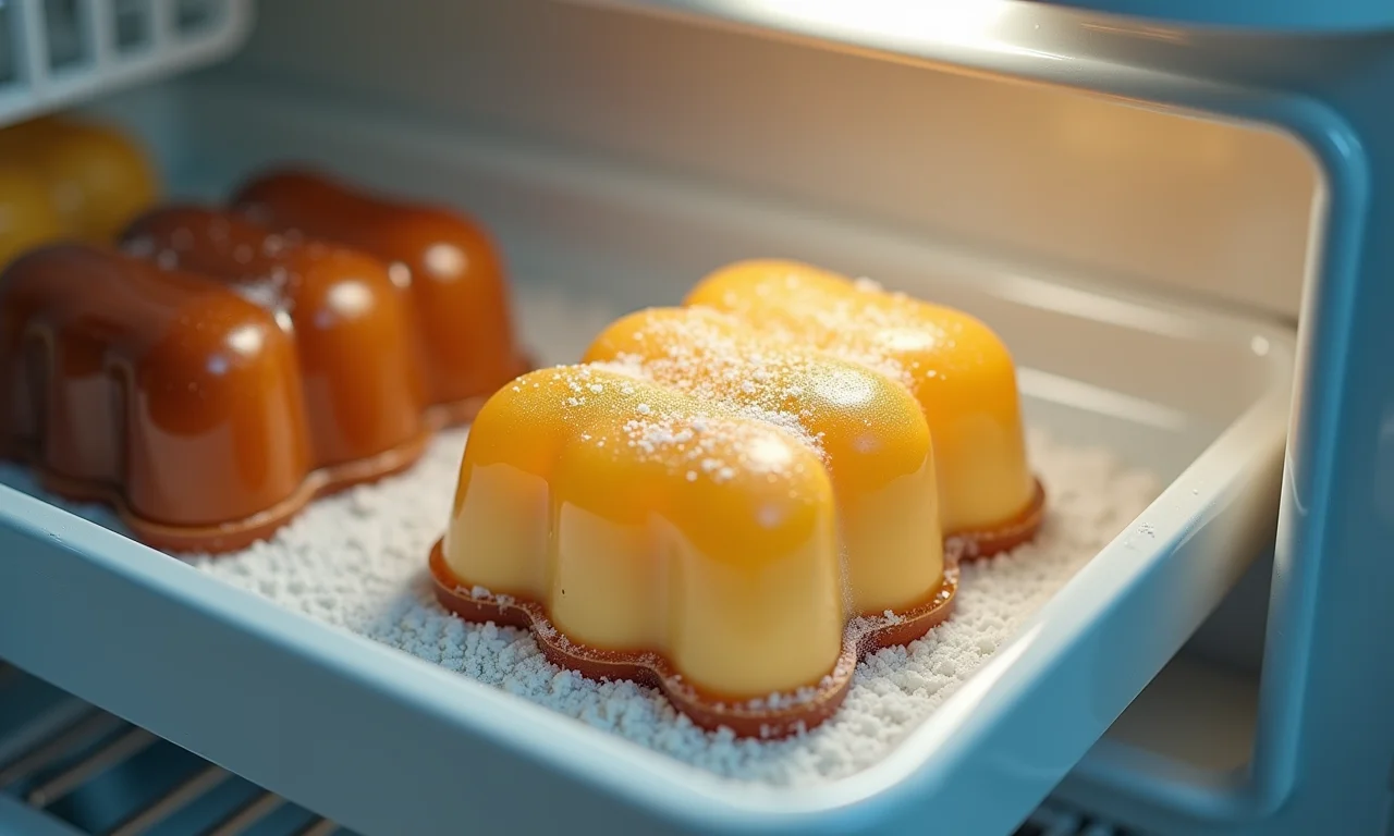 Pudim pequeno sendo congelado em um recipiente adequado.