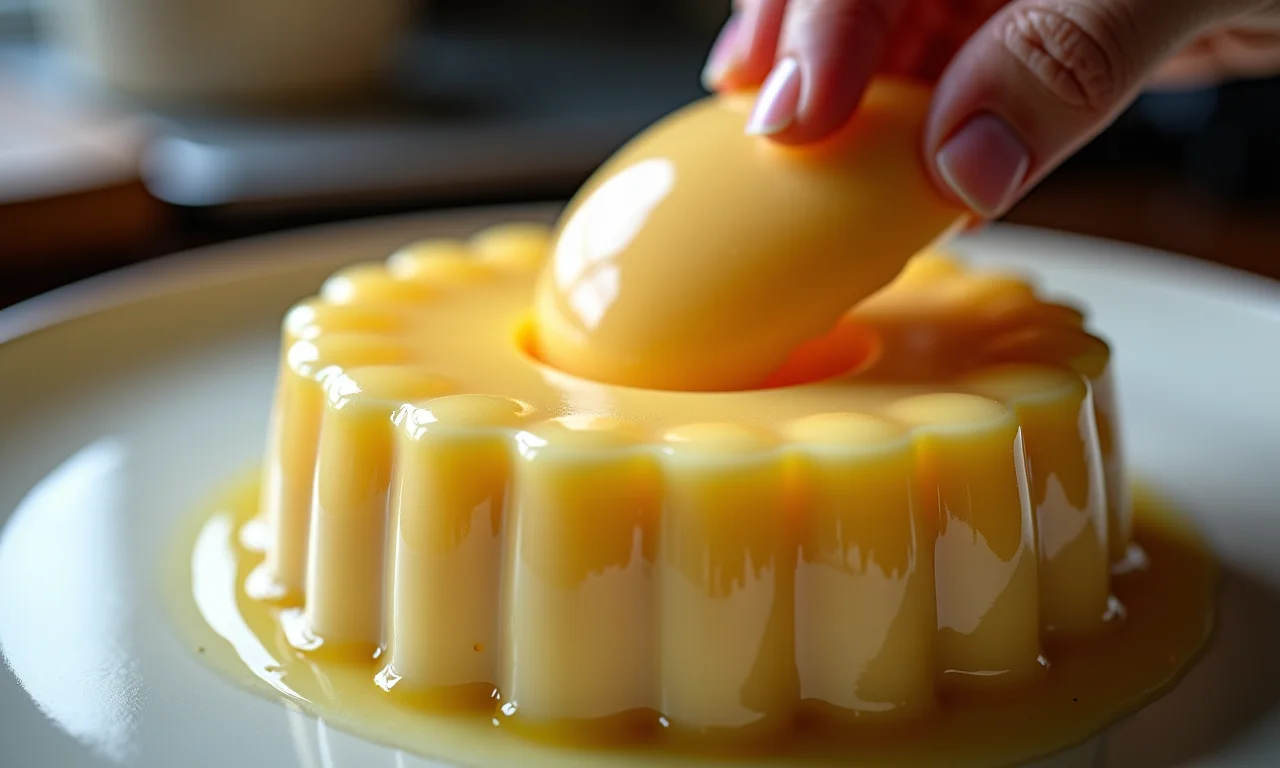 Pudim perfeito sem furinhos sendo desenformado.