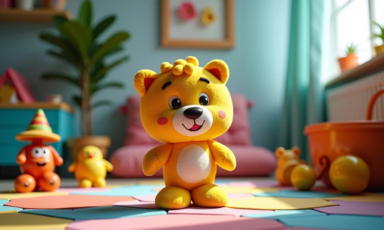 Puff de balde em quarto infantil colorido e divertido.