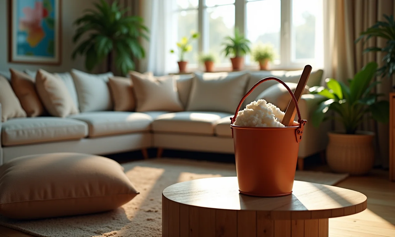 Puff de balde em sala de estar aconchegante com decoração brasileira.