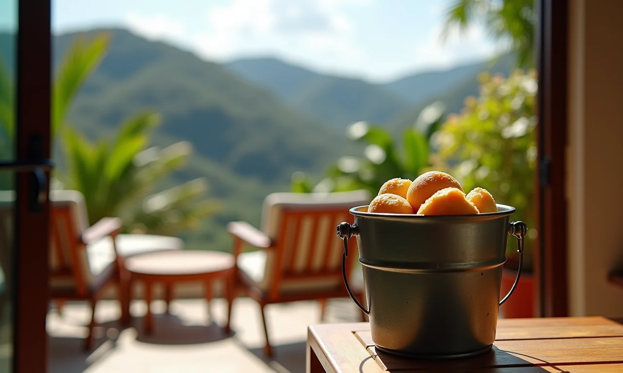 Puff de balde em varanda com vista para paisagem brasileira.
