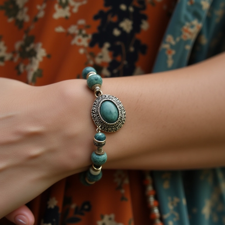 Pulseira de pedras com berloque no pulso.