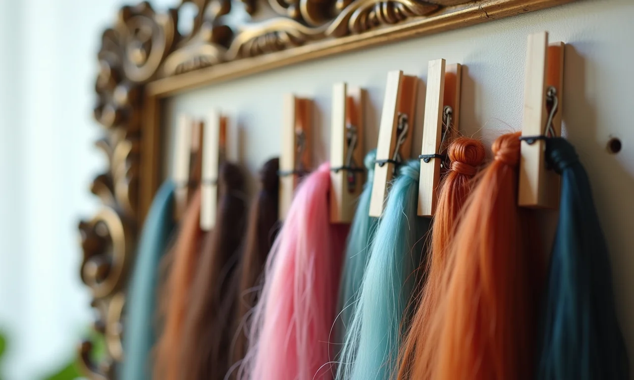 Quadro decorativo com pregadores segurando laços de cabelo, design brasileiro.