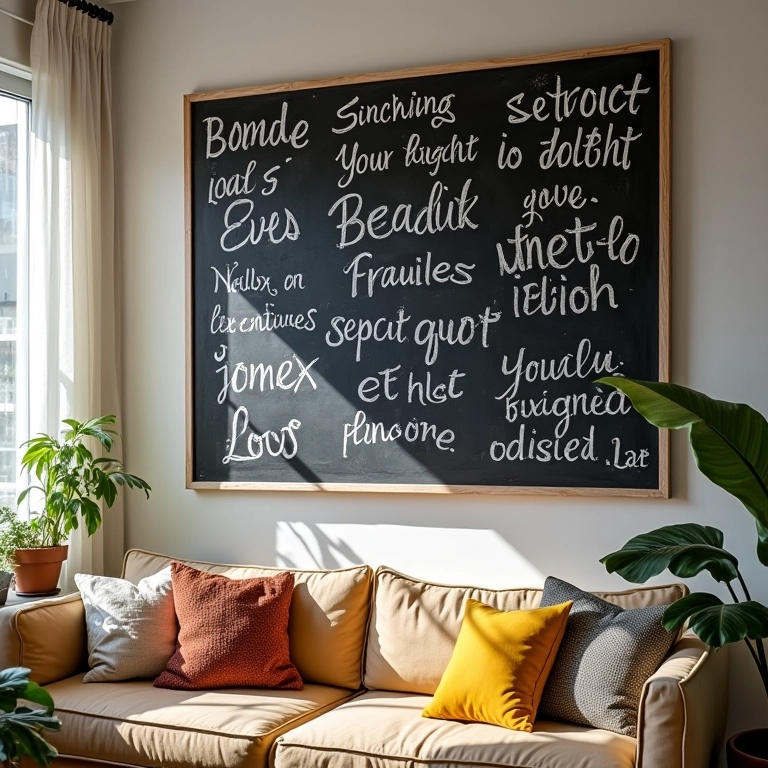 Quadro negro personalizado com frases e desenhos.