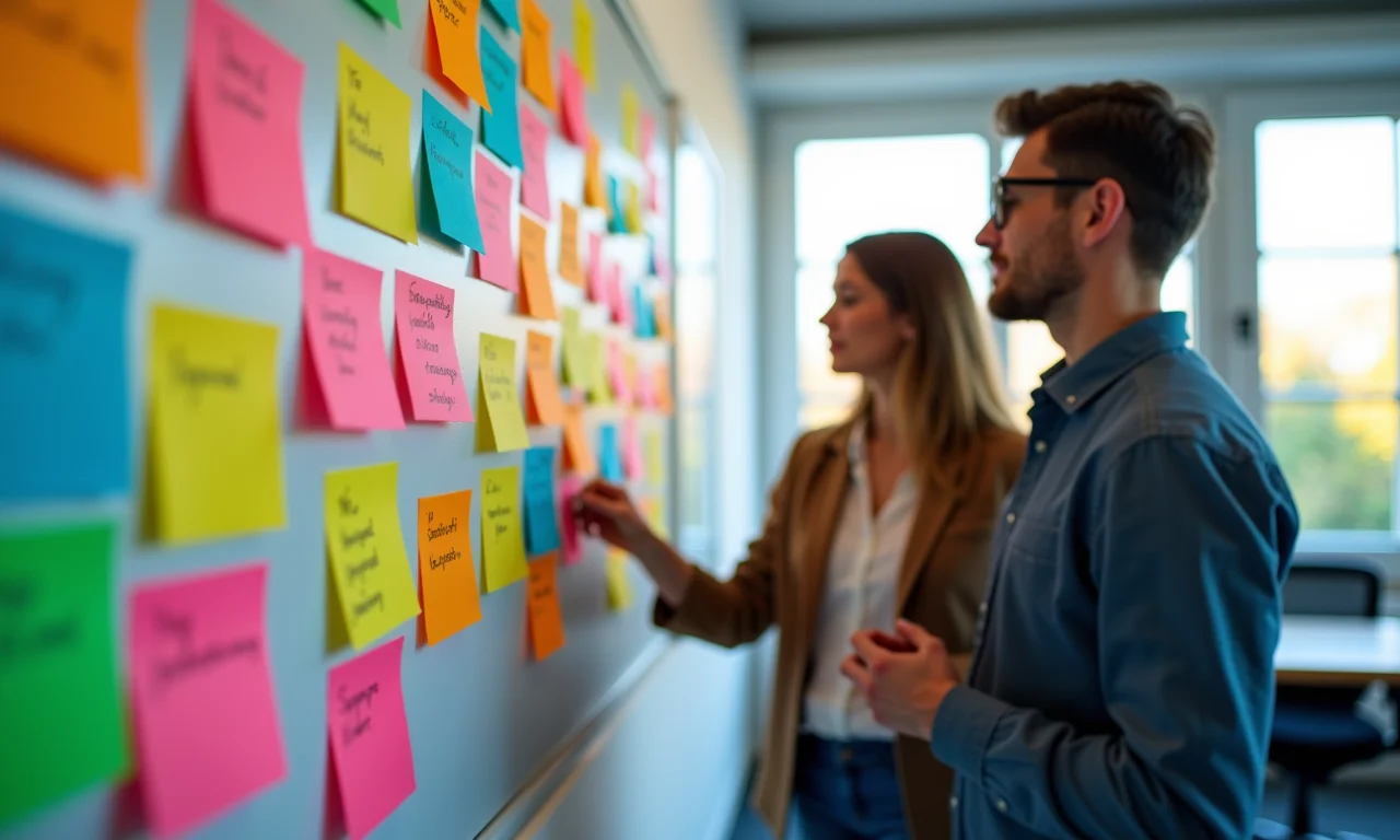 Quadro Scrum com notas adesivas coloridas.