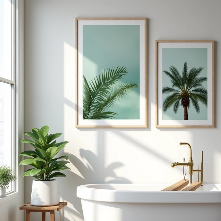 Quadros e pôsteres com temas tropicais decorando a parede do banheiro.