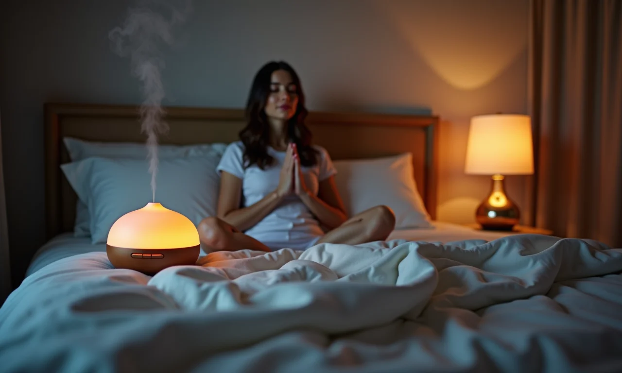 Quarto relaxante com mulher meditando, ideal para criar um ambiente propício à viagem astral.