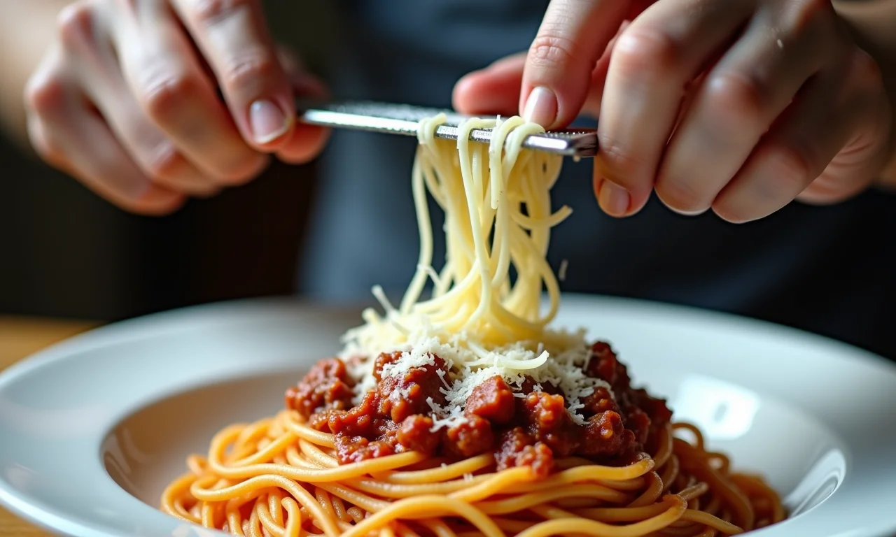 Queijo parmesão ralado sobre macarronada de carne.