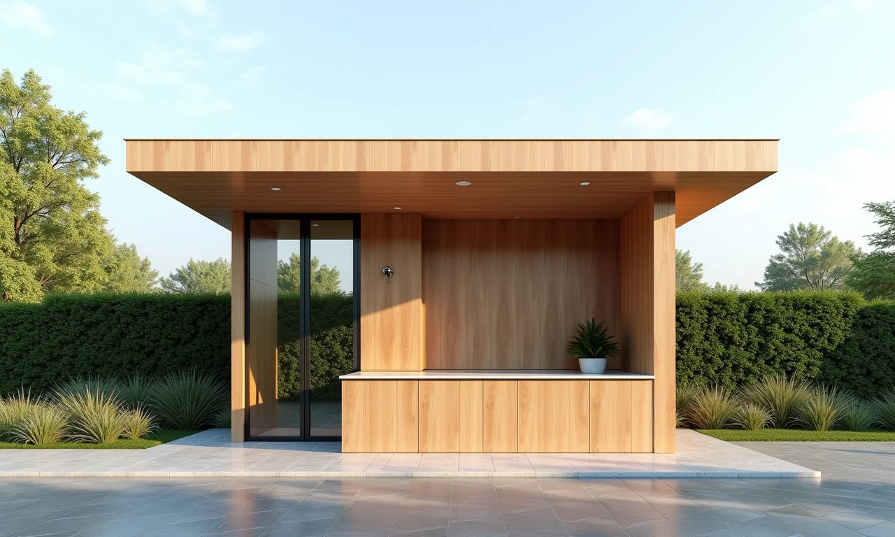 Quiosque moderno com design minimalista e linhas retas.