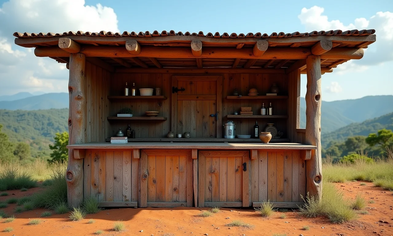 Quiosque rústico feito com madeira de demolição.