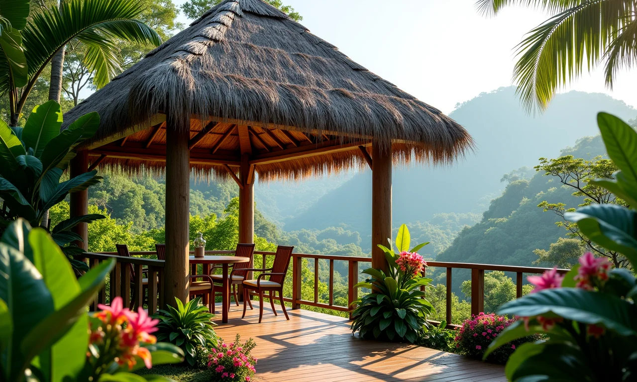 Quiosque tropical com cobertura de palha em meio à natureza.