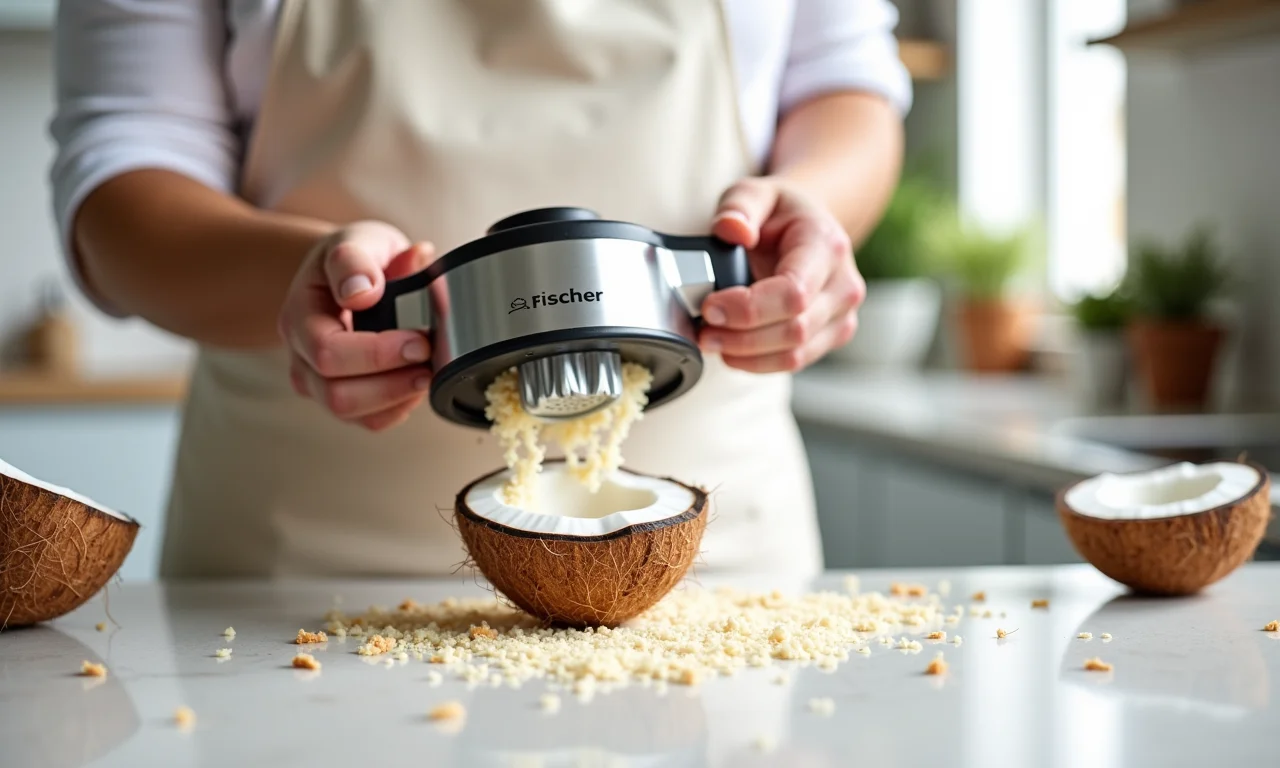 Ralador de coco elétrico da Fischer com coco ralado.