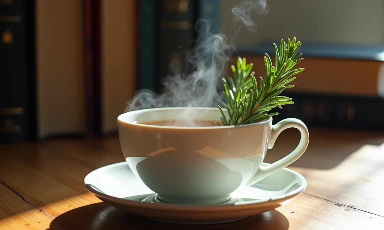 Ramos de alecrim aromático em uma xícara de chá, com vapor e livros ao fundo, representando memória e sabor.