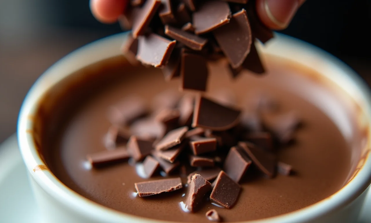 Raspas de chocolate de alta qualidade adicionadas ao chocolate quente.