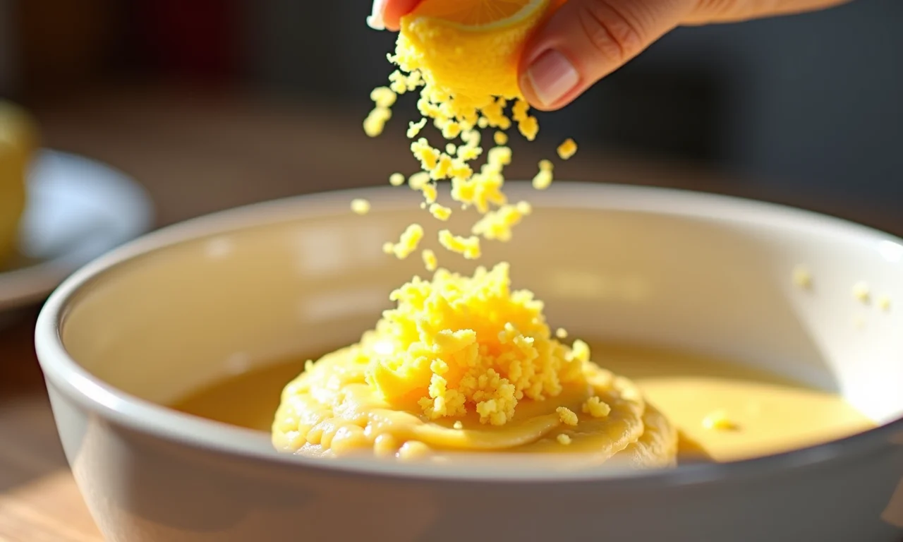 Raspas de limão sendo adicionadas à massa das madeleines, realçando o aroma cítrico.