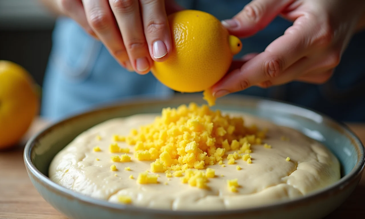 Raspas de limão sendo adicionadas à massa para um sequilho refrescante.