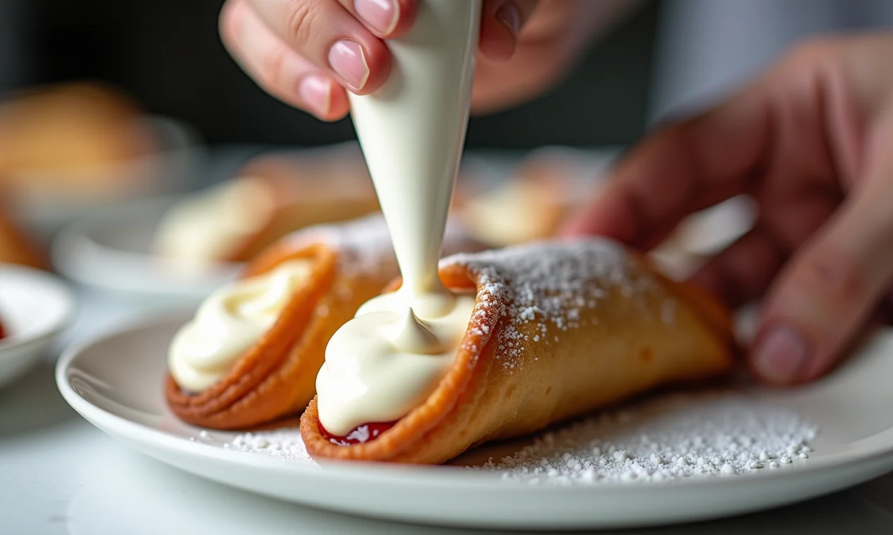 Recheando cannoli com creme de ricota doce, detalhe das mãos.