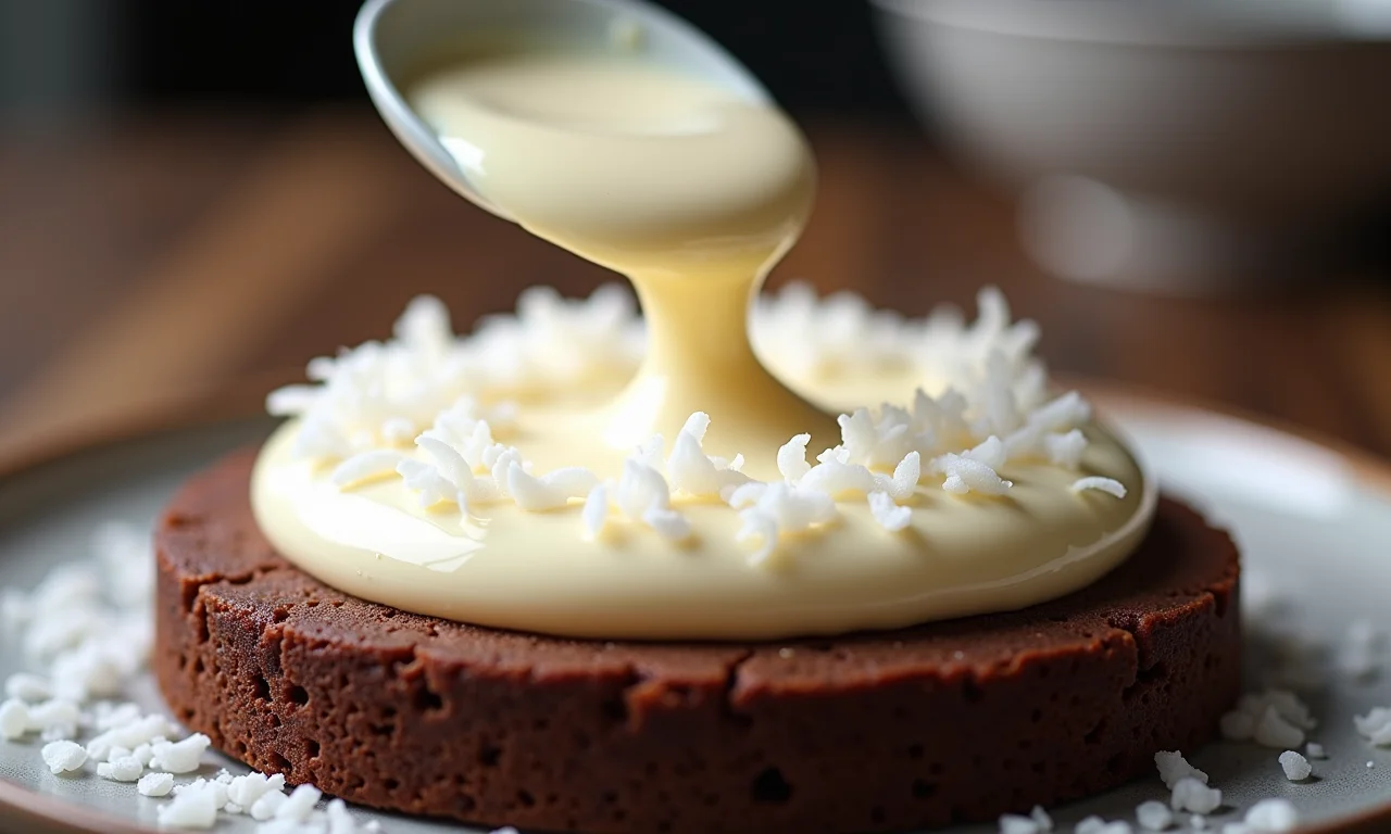Recheio cremoso de coco sendo adicionado ao bolo.