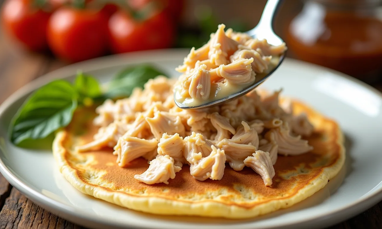 Recheio cremoso de frango sendo colocado em uma panqueca.