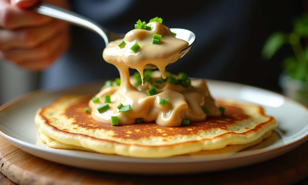 Recheio cremoso de frango sendo colocado em uma panqueca.