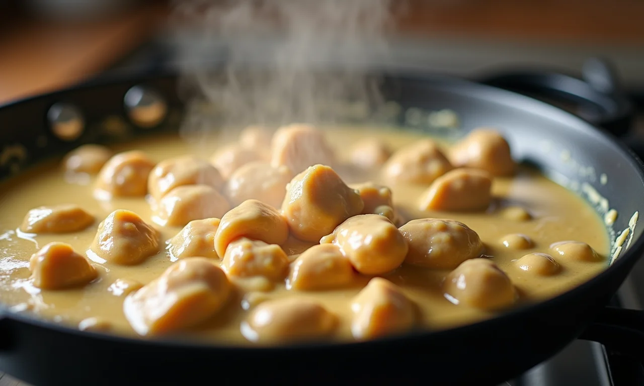 Recheio cremoso de frango sendo preparado em uma panela.