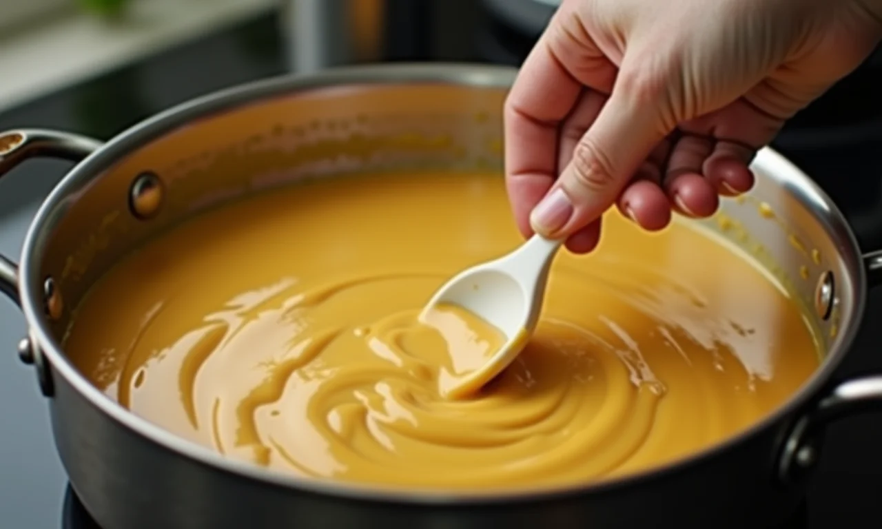 Recheio cremoso de panqueca sendo mexido em uma panela.