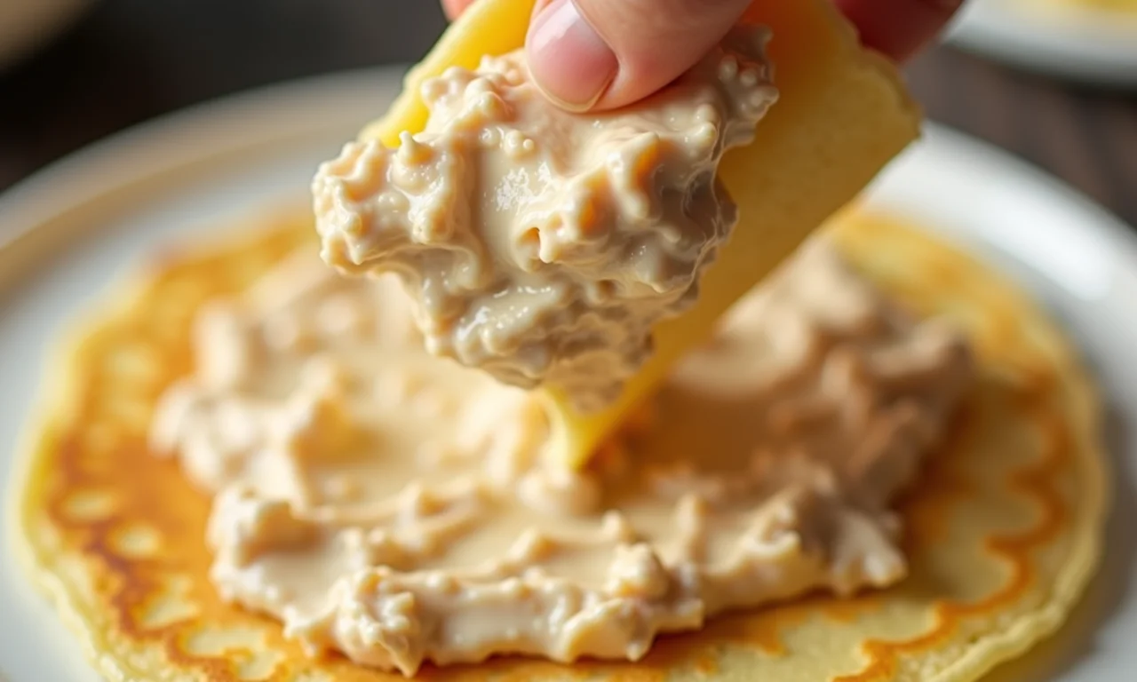 Recheio de atum com requeijão sendo adicionado à panqueca.