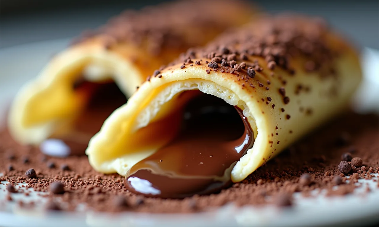 Recheio de brigadeiro escorrendo de uma panqueca enrolada.