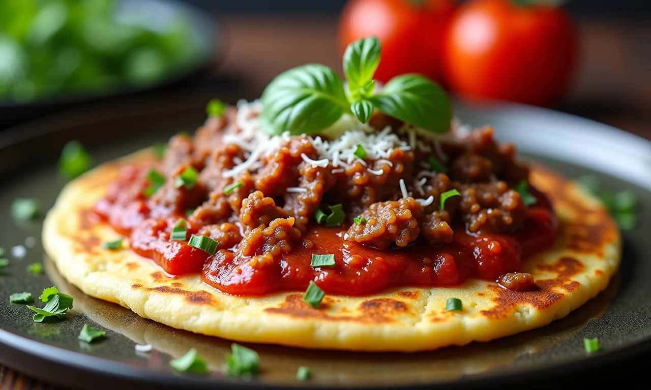 Recheio de carne moída à bolonhesa sendo adicionado à panqueca.