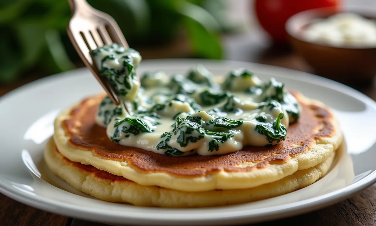 Recheio de espinafre com ricota sendo espalhado na panqueca.